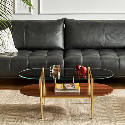 Saint Mossi Oval Glass Coffee Table for Small Living Room, Double Layer Glass and Wood Center Table, Clear Glass & Coffee Brown MDF Bottom Shelf, 41”x21 x17, Gold Table Legs