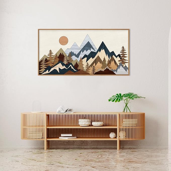 HOURIA Mid Century Mountain Woodland Framed Wall Art Set,Boho Sunrise Pine Tree Wall Decor,Wilderness Nature Forest Artwork,Modern Woodcut Field Art Print for Living Room,Bedroom,Office- 20"x40"x1
