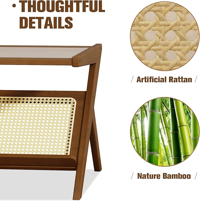 Bamworld Mid-Century Modern Coffee Table with Glass Top Rattan Center Table with Storage for Living Room Table Brown