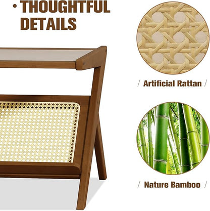 Bamworld Mid-Century Modern Coffee Table with Glass Top Rattan Center Table with Storage for Living Room Table Brown