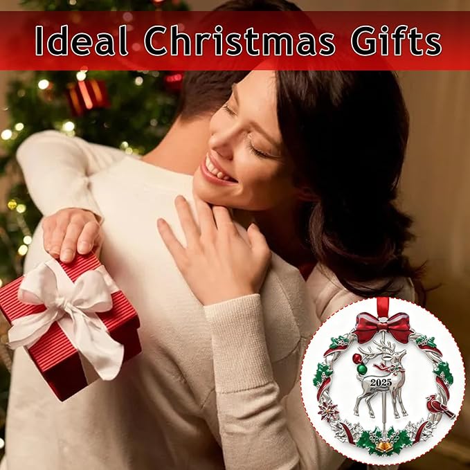 Christmas Ornament 2025 for Tree Hanging Decorations Dated 2025 Christmas Wreath Ornament with Rotatable Reindeer Metal Xmas Ornament for Holiday Decorative Keepsake Gifts