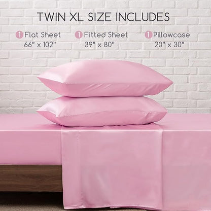MR&HM Satin Bed Sheets, Twin XL Size Sheets Set, 3 Pcs Silky Bedding Set with 15 Inches Deep Pocket for Mattress (Twin XL, Pink)