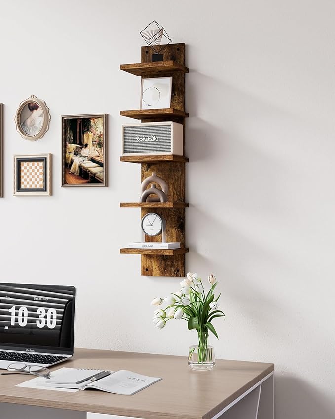 IBUYKE 5 Tier Wall Shelf Unit,Brown Vertical Shelf,Decorative Wall Mount Vertical Shelving for Home, Bedroom,Living Room,Office Decor WBC009H