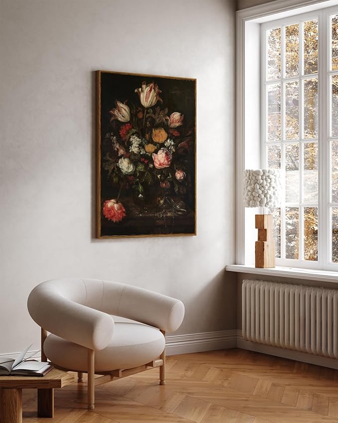 ARPEOTCY Large Framed Canvas Wall Art, Dark Roses Pictures Decor, 24x36Inch, Bathroom Bedroom Kitchen Vintage Floral Decor, Moody Farmhouse French Country Art