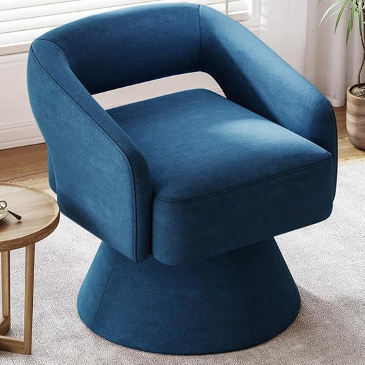 LINSY Swivel Barrel Chair, 360 Modern Swivel Accent Chair Boucle Swivel Chair Round Blue Velvet Chairs with Arms, Small Barrel Chair for Small Spaces Bedroom Living Room