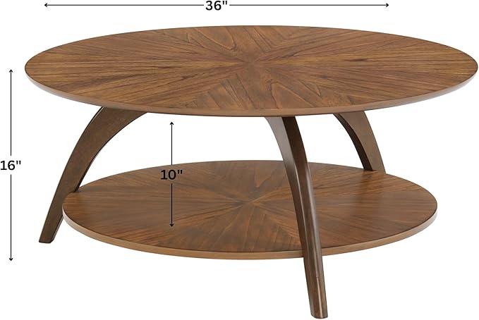 Martin Svensson Home LAX Retro Mid-Century Modern Round Wood Coffee Table with Lower Shelf, Cocktail Table for Living Room or Den. Caramel Brown with Walnut Brown Legs.