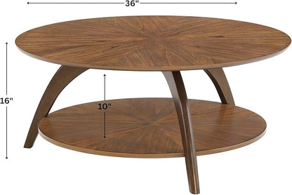 Martin Svensson Home LAX Retro Mid-Century Modern Round Wood Coffee Table with Lower Shelf, Cocktail Table for Living Room or Den. Caramel Brown with Walnut Brown Legs.