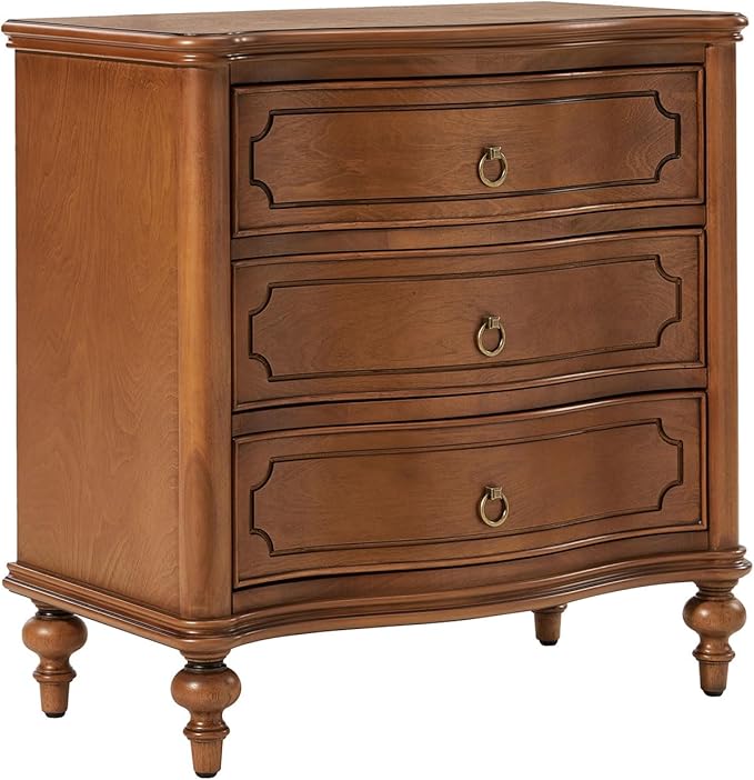 HULALA HOME Wood Nightstand with Charging Station, 3 Drawer Traditional Nightstands, End Table with Solid Wood Legs for Bedroom, USB Ports & Three-Prong Plugs, Walnut