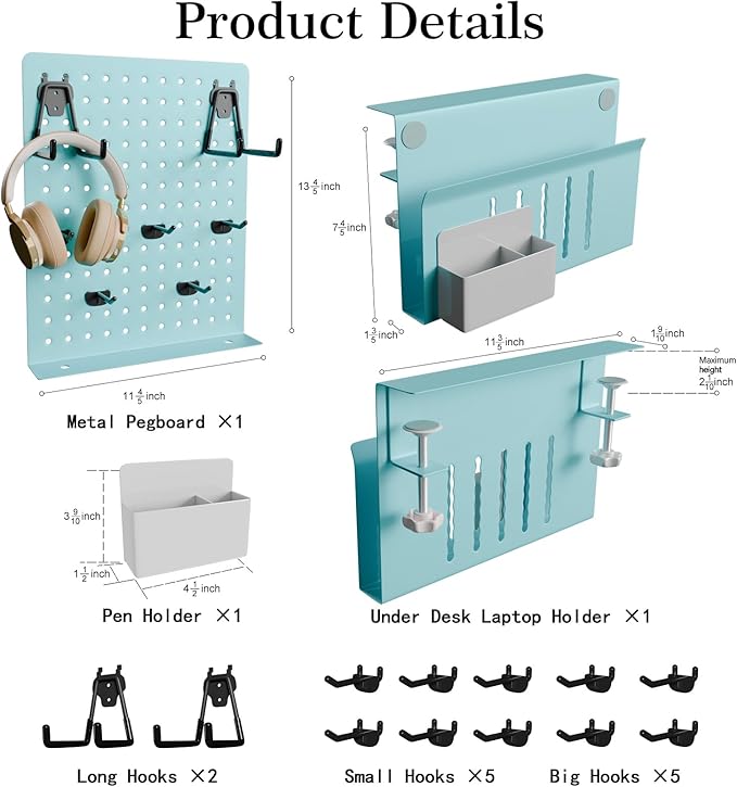Desk Side Storage with Clamp-On Desk Pegboard, Steel Privacy Panel, No-Drill Desk Organizer with Pen Holder, Table-Side Laptop Holder for Office and Home (Blue)