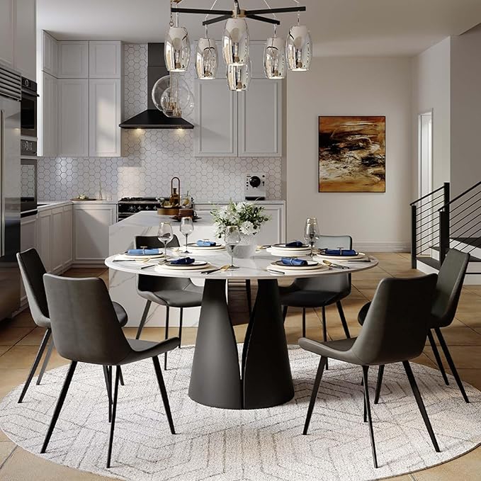 POVISON 59" Round Dining Table for 6, Glossy White Sintered Stone Dining Tabletop with Black Carbon Steel Base, Circle Kitchen Table for Dining Room (Table Only)