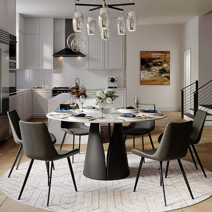 POVISON 59" Round Dining Table for 6, Glossy White Sintered Stone Dining Tabletop with Black Carbon Steel Base, Circle Kitchen Table for Dining Room (Table Only)