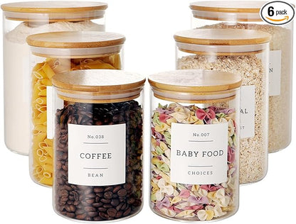 Set of 6 Glass Flour and Sugar jars with 132 Kitchen Pantry Labels - Thicken Large Glass Storage containers with Airtight Bamboo Lid - Rice Canisters for Salt Coffee(100OZ/54OZ/27OZ)