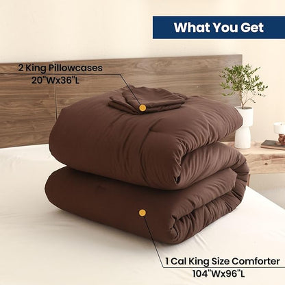 Paxrac Earthy Brown California King Comforter, 3 Pieces Oversized King Comforter Set, Lightweight Solid Bedding Set, All Seasons Soft Cal King Comforter Set (104x96In Comforter & 2 Pillowcases)
