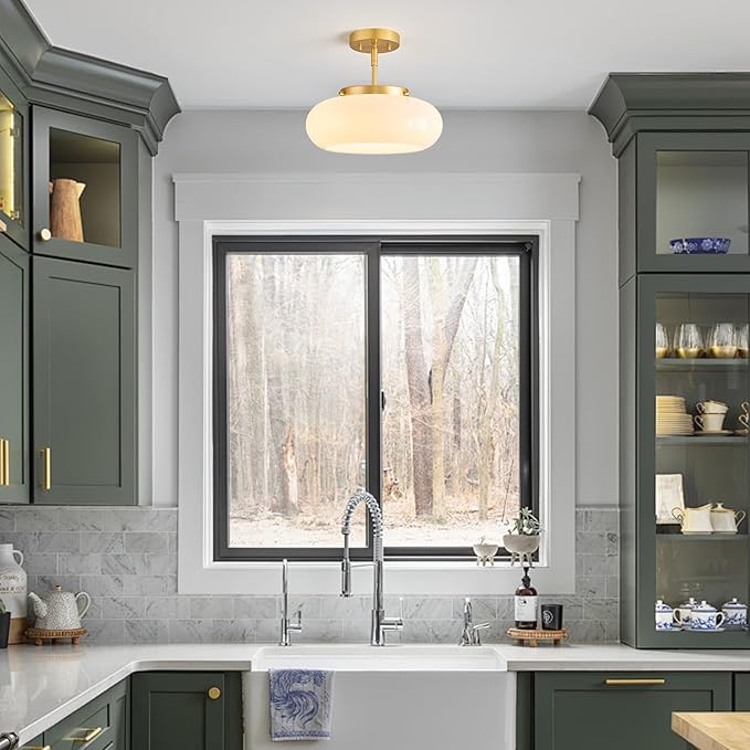 Mid-Century Modern Gold Semi Flush Mount Ceiling Light, 3-Light Kitchen Light Fixtures with Glass Shade for Entryway Hallway Bathroom Bedroom (12.6 Inch)