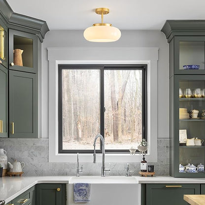 Mid-Century Modern Gold Semi Flush Mount Ceiling Light, 3-Light Kitchen Light Fixtures with Glass Shade for Entryway Hallway Bathroom Bedroom (12.6 Inch)