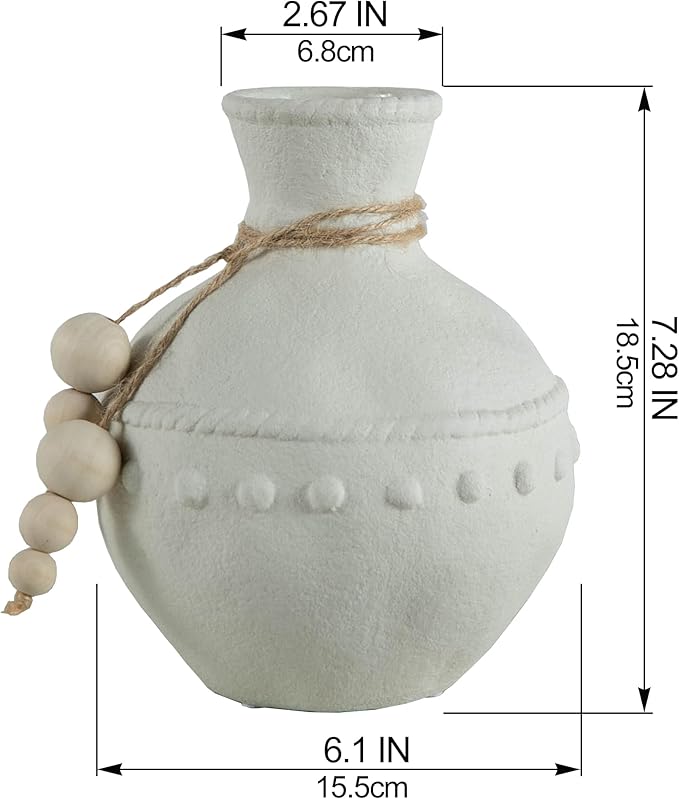 Rustic Ceramic Vase with Boho Wooden Beads, Matte Decorative Pottery for Modern Farmhouse and Bohemian Decor, Floral Arrangements, Living Room, Table Centerpieces