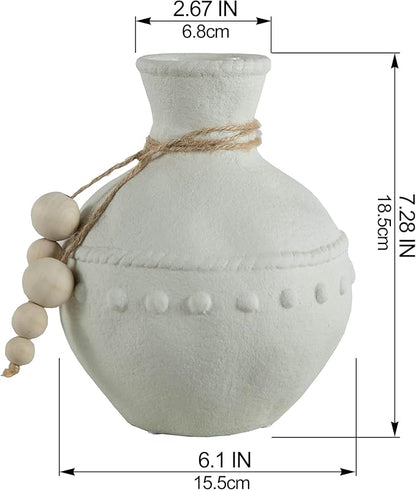 Rustic Ceramic Vase with Boho Wooden Beads, Matte Decorative Pottery for Modern Farmhouse and Bohemian Decor, Floral Arrangements, Living Room, Table Centerpieces