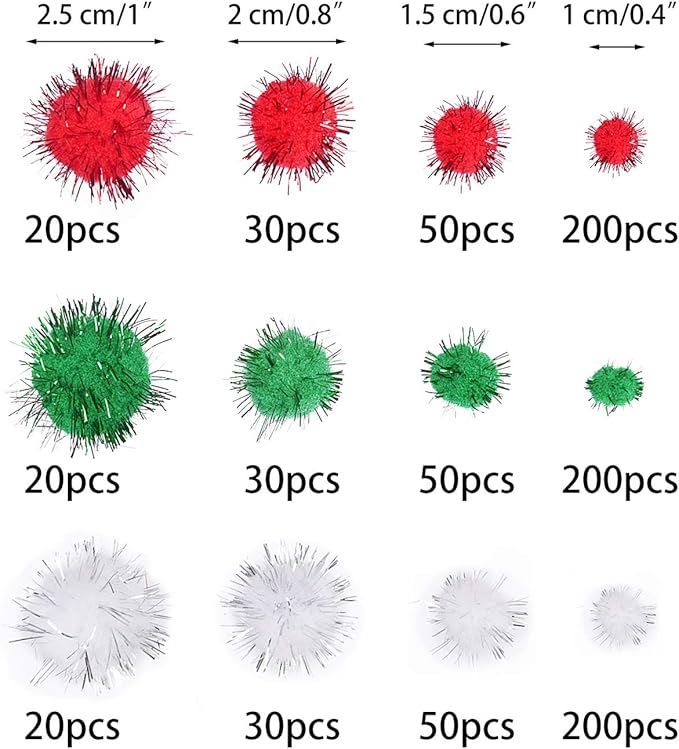 Livder Christmas Pom Poms Pompoms Red Green White Glitter Fluffy Balls, DIY Art Crafts Decorations Supplies (4 Sizes, 900 Pieces) (Pack of 2)