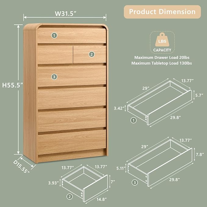 Modern 7 Drawers Dresser for Bedroom, 55" Tall Dressers & Chest of Drawers w/Curved Profile Design, Wood Mid Century Vertical Storage Dressers Organizer for Bedroom, Living Room, Natural Oak