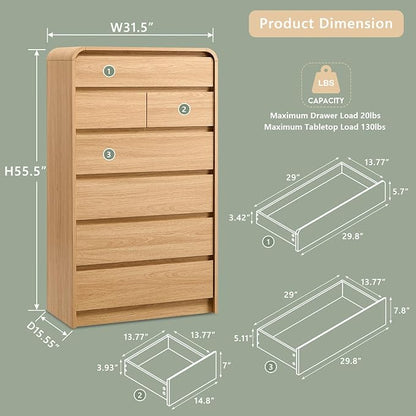 Modern 7 Drawers Dresser for Bedroom, 55" Tall Dressers & Chest of Drawers w/Curved Profile Design, Wood Mid Century Vertical Storage Dressers Organizer for Bedroom, Living Room, Natural Oak