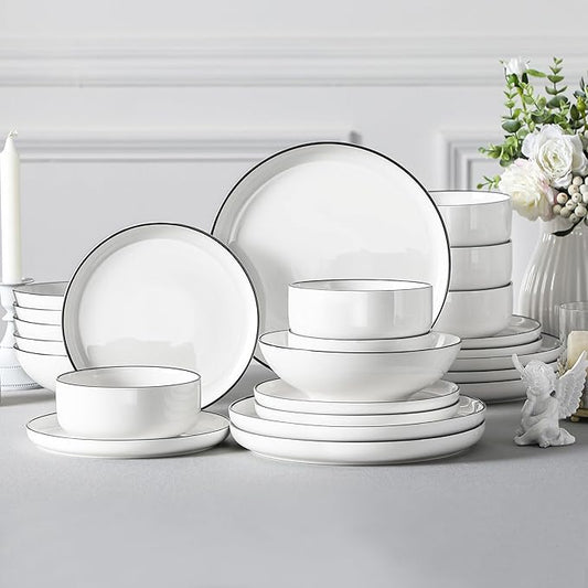 MALACASA Plates and Bowls Sets, 24 Pieces Modern Porcelain Dinnerware Set for 6 Ceramic Dishware Dishes White Kitchen Dinner Dining Ware Set wtih Black Rim Microwave and Dishwasher Safe, Series LUNA
