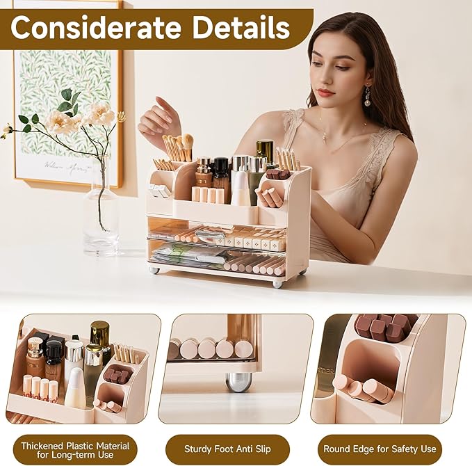 Makeup Organizer for Vanity with 2 Large Drawers, Cosmetic Display Case with Brush Holders, Easy to Storage for Bathroom Countertop Skincare, Desk Office Supplies, Cream White