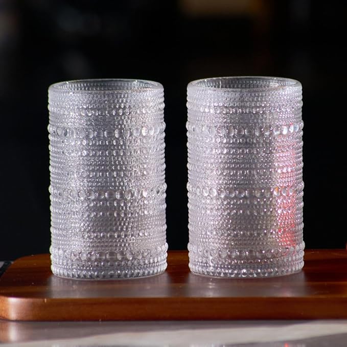 LEMONSODA Hobnail Highball Glasses Set of 2 – Vintage Clear Drinking Glass Cups 15oz – Textured Tall Retro Glassware Tumblers for Water, Iced Coffee, Cocktails, Soda, Juice (Highball 15oz, Set of 2)