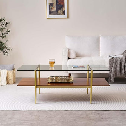 X-Large Rectangle Glass Coffee Table, Mid-Century Modern Design, for Living Room, L47 x W24 x H17 Inch, Clear Glass Top and Walnut MDF Shelf, Sleek Conical Legs with Gold Finish Frame