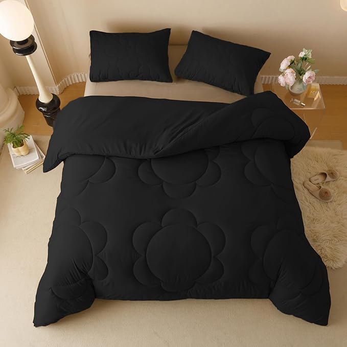 CLOTHKNOW Black Queen Comforter Set 3Pcs Daisy Puff Bedding Comforter Sets Boho Black Comforter Queen Soft Black Queen Size Comforter Sets