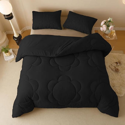 CLOTHKNOW Black Queen Comforter Set 3Pcs Daisy Puff Bedding Comforter Sets Boho Black Comforter Queen Soft Black Queen Size Comforter Sets