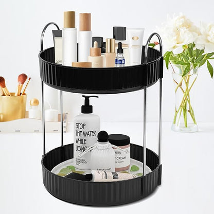 Rotating Makeup Organizer Countertop 2 Tier Lazy Susan Spinning Skincare Perfume Storage for Bathroom Counter Vanity, Black