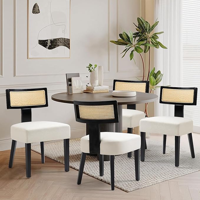 Dining Chairs Set of 2,Mid-Century Modern Dining Chairs-Upholstered Rattan Seats with Black Hardwood Frame, Farmhouse Curved Backrest Armless Kitchen Chairs for Kitchen, Dining & Living Room, Cream