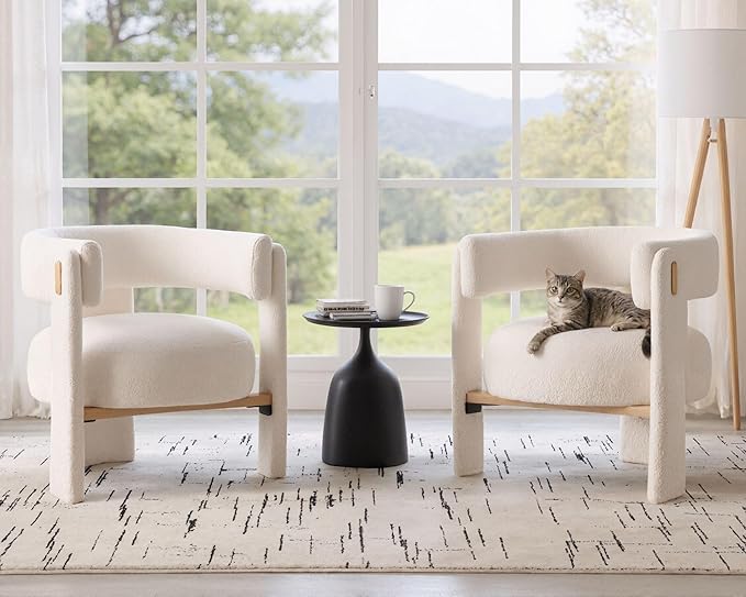 White Boucle Barrel Accent Chairs Set of 2, Comfy Upholstered Living Room Chairs Mid-Century Modern Reading Chair with Open Back Round Corner Armchairs, Side Sitting Lounge Chairs for Bedroom/Office