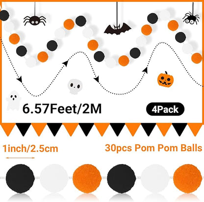 MARFOREVER Halloween Pom Pom Garlands Decorations, 4 Pack 26.3 Feet Halloween 30 Balls Black Orange White Felt Ball Hanging Garlands for Autumn Xmas Party Home Wall Decor Supplies