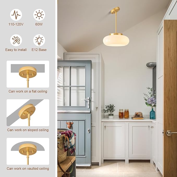 Mid-Century Modern Gold Semi Flush Mount Ceiling Light, 3-Light Kitchen Light Fixtures with Glass Shade for Entryway Hallway Bathroom Bedroom (12.6 Inch)