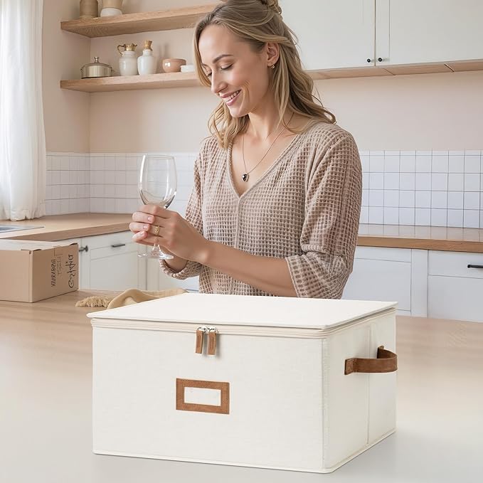 StorageWorks Stemware Storage Cases, Hard Shell Wine Glass Storage Box with Dividers for Glassware, Crystal, and China Holds 12 Standard Size Wine Glasses, 1 Pack, Beige