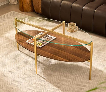 AGV LIGHTING Oval Coffee Table, Mid-Century Modern Coffee Table, Glass Coffee Table, Glod Finish Legs, Thick Tempered Clear Glass Top with Walnut MDF Shelf