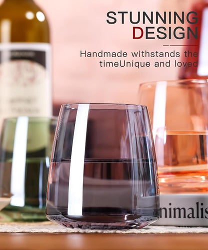 Stemless Colored Wine Glasses Set of 6-15oz Colorful Wine Glasses,Perfect Red Wine Glass Stemware for Wine Lover in Wedding,Engagement Gifts