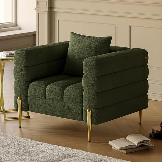 White Accent Chair, Mid Century Boucle Upholstered Armrest Chair for Bedroom, Living Room Chairs, Comfy Reading Chair, Office (Green)