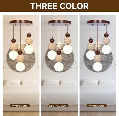 Wabi Sabi Pendant Light,3-Light Travertine Stone Fixture-Japandi Japanese Style Lamp,Nordic Wood Chandelier,Spherical Scandinavian Pendant Light Suits Kitchen Islands,Dining & Living Rooms(Walnut)
