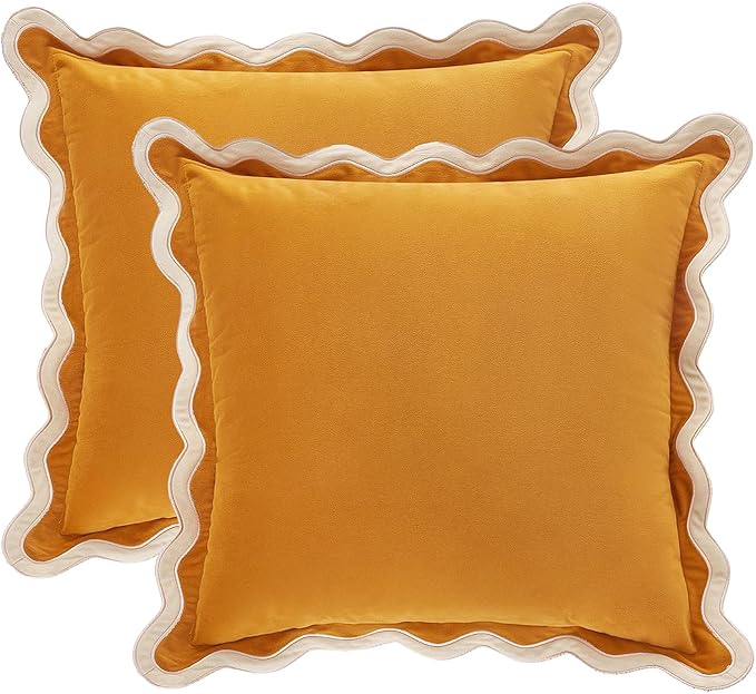 MONDAY MOOSE Decorative Throw Pillow Covers Cushion Cases, Set of 2 Soft Velvet Scalloped Wavy Edge Designs, Mix and Match for Home Decor, Pillow Inserts Not Included (Cream/Honey, 20x20 inch)