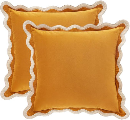 MONDAY MOOSE Decorative Throw Pillow Covers Cushion Cases, Set of 2 Soft Velvet Scalloped Wavy Edge Designs, Mix and Match for Home Decor, Pillow Inserts Not Included (Cream/Honey, 18x18 inch)