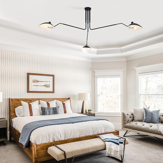 85" Mid-Century Chandelier, Matt Black Finish with Adjustable 3-Arms Large Pendant Lighting Fixture for Dining Room Living Room Kitchen Island Bedroom 3-Light