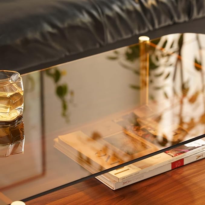 AGV LIGHTING Tadio Glass Coffee Table, Mid-Century Modern Coffee Table for Living Room, Gold Finish Leg, Coffee Brown Glass Top & Walnut Brown Shelf, Rounded Corners