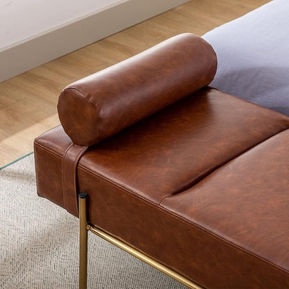 Modern End of Bed Bench, Upholstered Entryway Bench with Detachable Pillow for Living Room, PU Leather Ottoman Bench with Gold Metal Legs, Comfy Cushion Bedroom Decoration Benches (Brown)