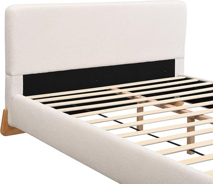 Merax Queen Bed Frame and Headboard, Boucle Upholstered Bed Platform Bedframe, No Box Spring Required, Easy Assembly, White