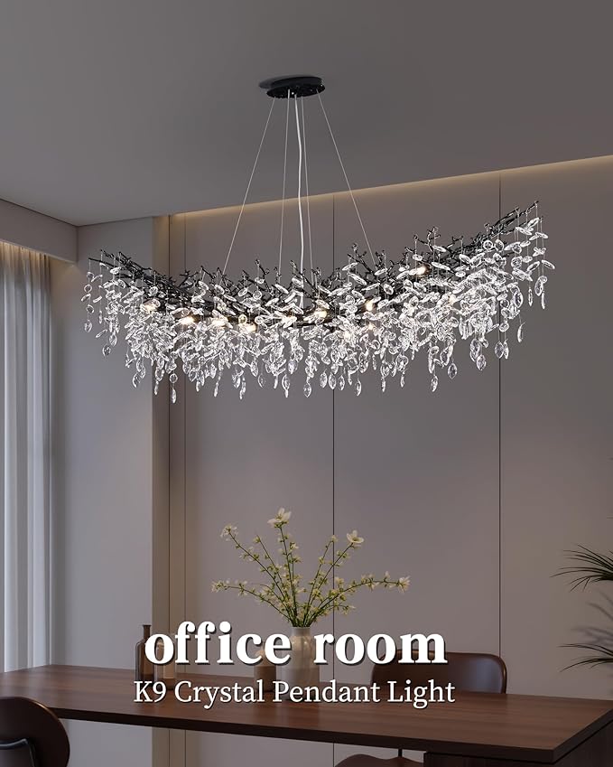 Black Chandelier, 16 Light Modern Chandelier for Dining Room Over Table, Industrial 63" Hanging Lighting with K9 Crystal Tree Branch Rectangular Chandeliers for Living Room Kitchen Island