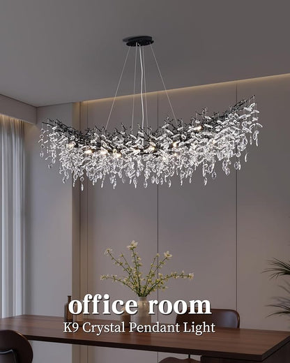 Black Chandelier, 16 Light Modern Chandelier for Dining Room Over Table, Industrial 63" Hanging Lighting with K9 Crystal Tree Branch Rectangular Chandeliers for Living Room Kitchen Island