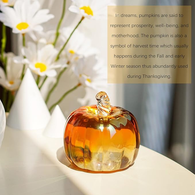 HDCRYSTALGIFTS 2.8inch Brown Striped Crystal Pumpkin Figurine Collectible Glass Pumpkins DecorTable Accent for Fall Harvest Decorating