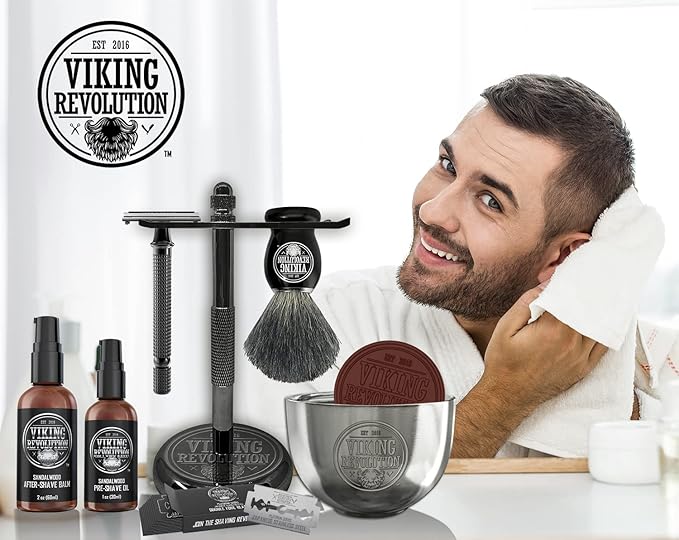 Viking Revolution Luxury Safety Razor Shaving Kit - Includes Double Edge Safety Razor, Stand, After-Shave Balm, Pre-Shave Oil, Badger Brush - Safety Razor Kit